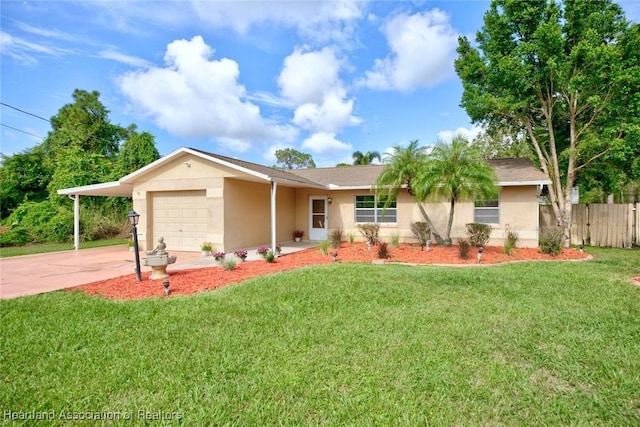 ranch-style home with a garage, a front yard, and a carport