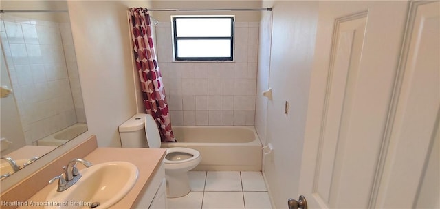 bathroom with shower / tub combo, vanity, toilet, and tile patterned floors