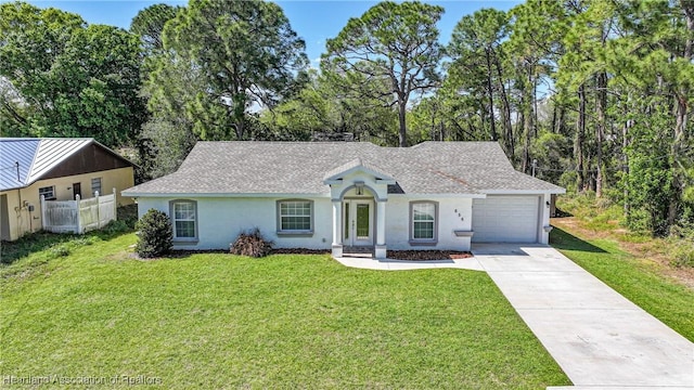 ranch-style home with roof with shingles, stucco siding, a garage, driveway, and a front lawn