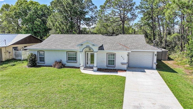 ranch-style home with a shingled roof, fence, a front lawn, and stucco siding