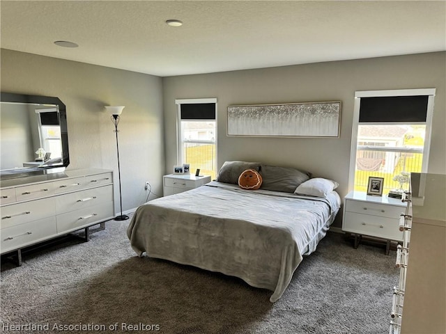 bedroom with dark colored carpet