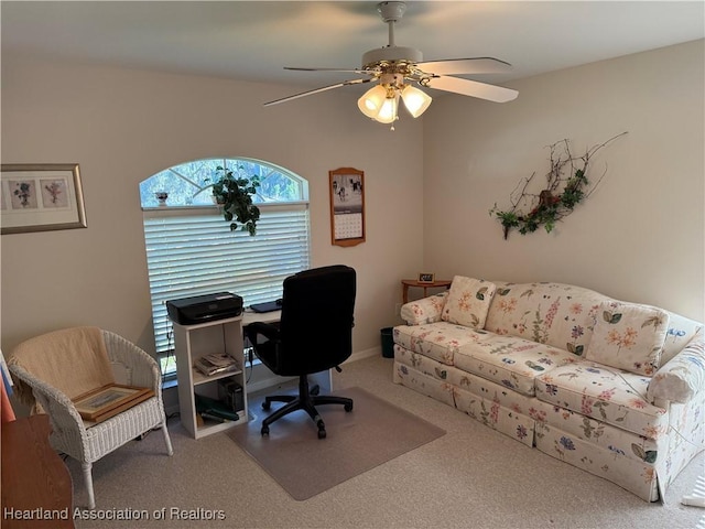 office with carpet and ceiling fan