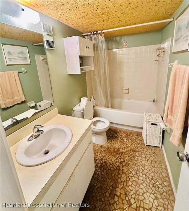 full bathroom with toilet, shower / bathtub combination with curtain, and vanity