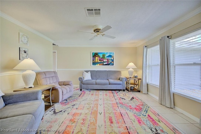 1712 Sunrise Pl, Sebring, FL 33870 - living room featuring a ceiling fan, crown molding, light tile patterned floors, and a textured ceiling