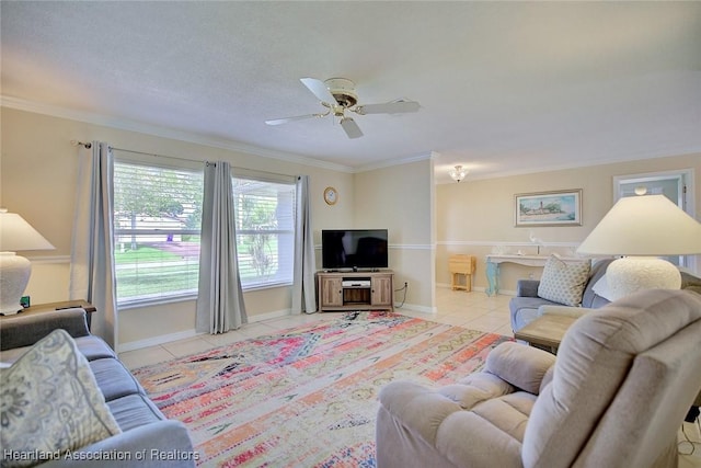 1712 Sunrise Pl, Sebring, FL 33870 - living room featuring light tile patterned flooring, a ceiling fan, and ornamental molding