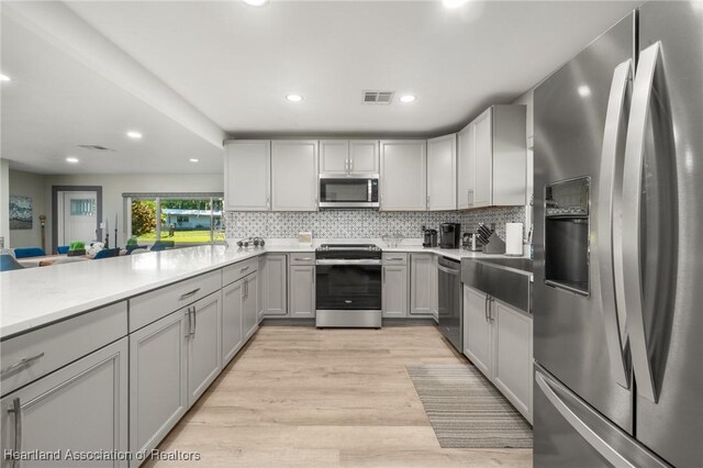 1622 Dinner Dr, Sebring, FL 33870 - kitchen featuring visible vents, backsplash, gray cabinets, light wood-style flooring, and stainless steel appliances