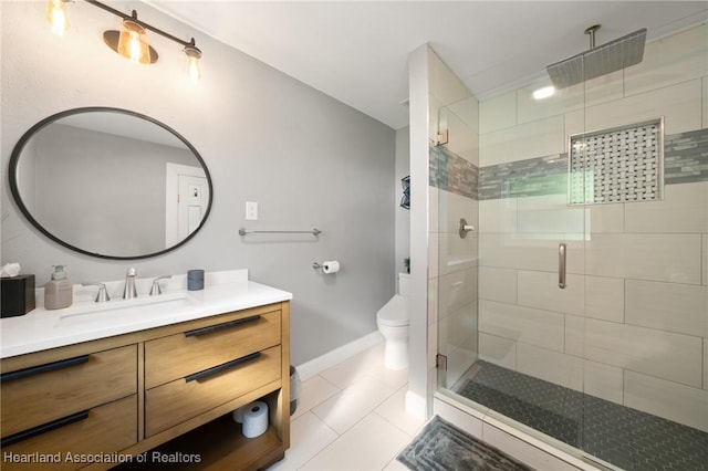 1622 Dinner Dr, Sebring, FL 33870 - bathroom with vanity, baseboards, a stall shower, tile patterned flooring, and toilet