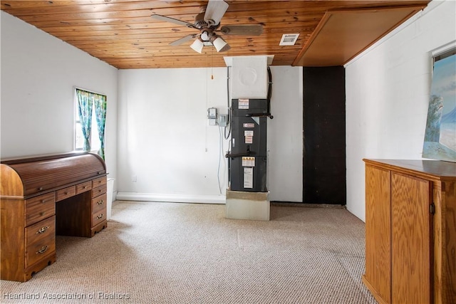 unfurnished office featuring wood ceiling, light colored carpet, and ceiling fan