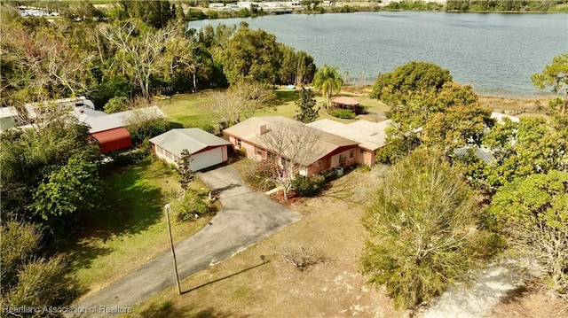 aerial view featuring a water view