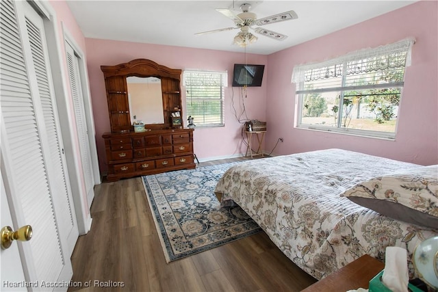 bedroom featuring dark hardwood / wood-style flooring and ceiling fan