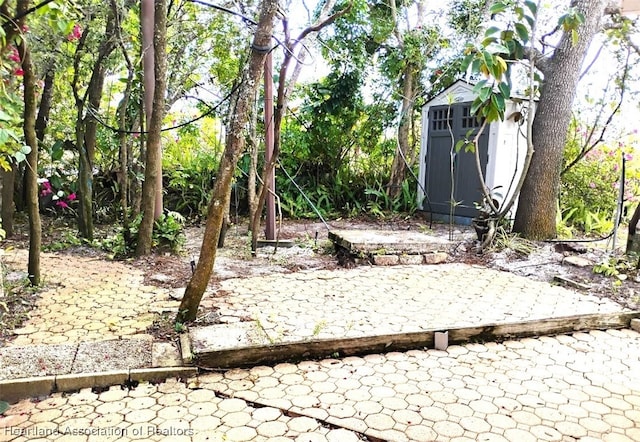 view of yard featuring an outbuilding, a patio area, and a storage shed