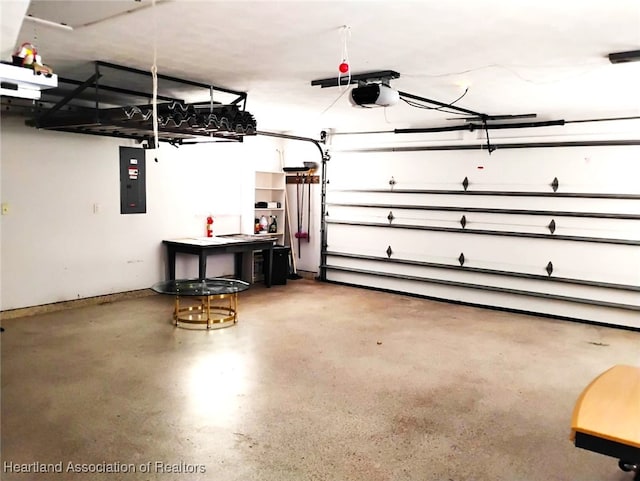 garage with electric panel and a garage door opener