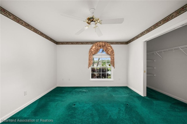unfurnished bedroom featuring baseboards, a ceiling fan, and carpet floors