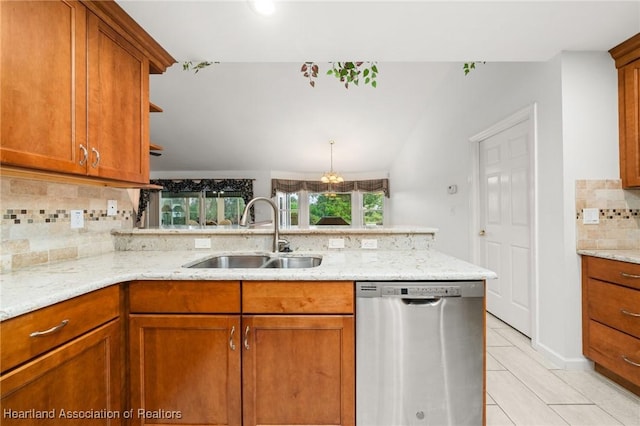 kitchen featuring brown cabinetry, stainless steel dishwasher, and a sink
