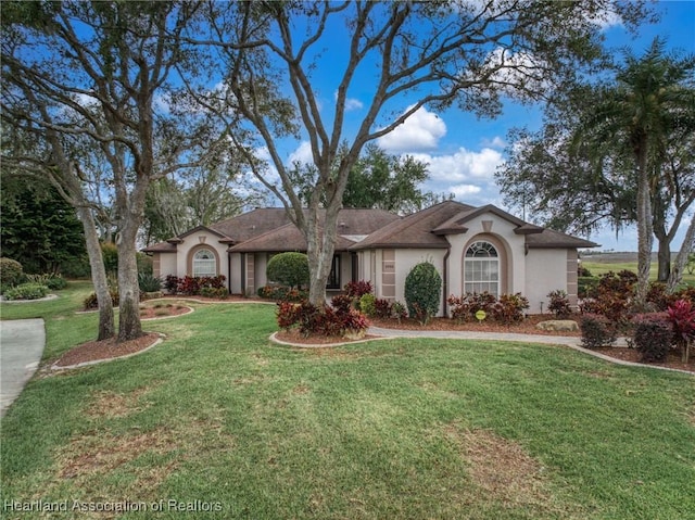view of front of house featuring stucco siding and a front yard