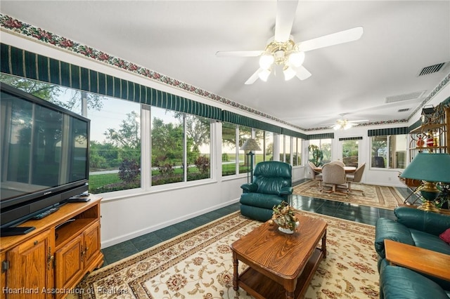sunroom with visible vents, tile patterned floors, and baseboards