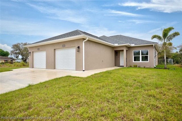 view of front of home with stucco siding, roof with shingles, concrete driveway, an attached garage, and a front yard