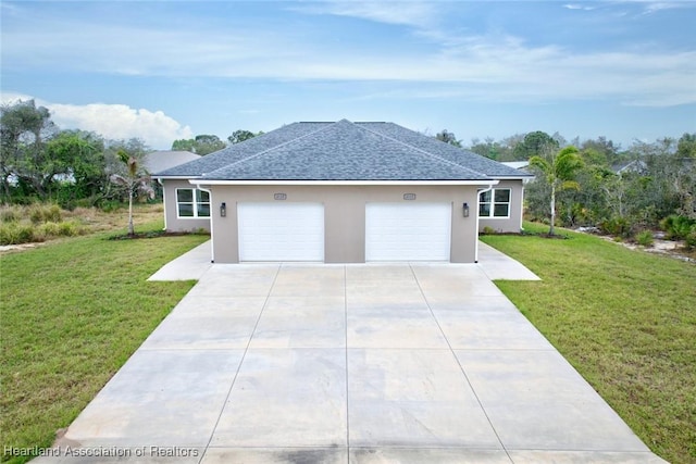 ranch-style home featuring a front lawn, concrete driveway, roof with shingles, and stucco siding