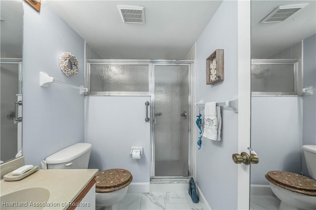 full bath with a stall shower, marble finish floor, visible vents, and toilet