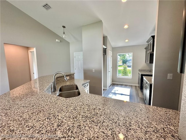 kitchen featuring light stone countertops, sink, light hardwood / wood-style floors, lofted ceiling, and a kitchen island with sink