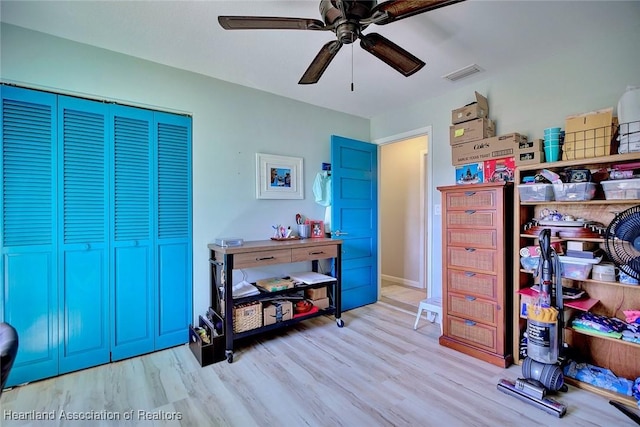 bedroom featuring a ceiling fan, wood finished floors, a closet, and visible vents