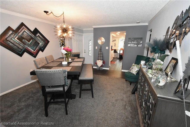 dining room featuring a textured ceiling, baseboards, ornamental molding, dark colored carpet, and an inviting chandelier