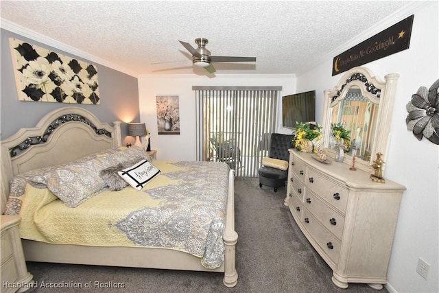 bedroom featuring a textured ceiling, ceiling fan, access to exterior, dark colored carpet, and crown molding