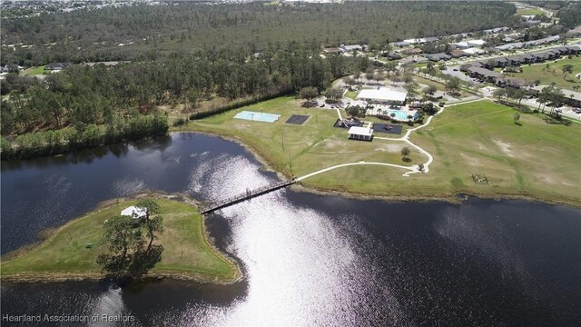 drone / aerial view featuring a water view