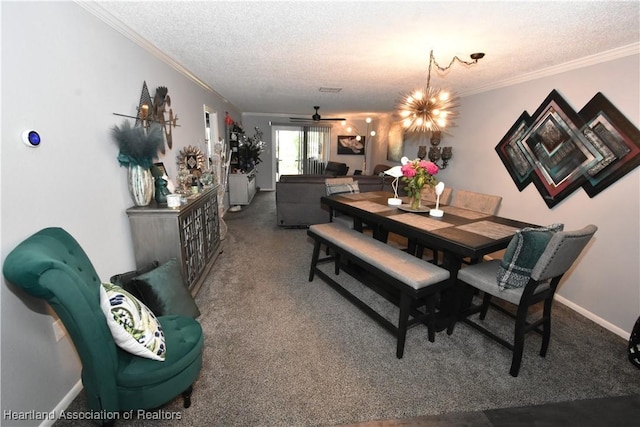 dining space with a textured ceiling, a notable chandelier, baseboards, ornamental molding, and carpet