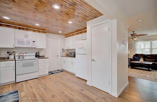 kitchen featuring white cabinets, white appliances, and wooden ceiling