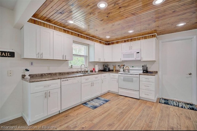 kitchen with white appliances, wooden ceiling, white cabinets, sink, and light wood-type flooring