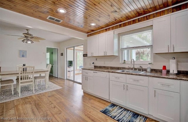 kitchen with white dishwasher, white cabinetry, sink, and wood ceiling