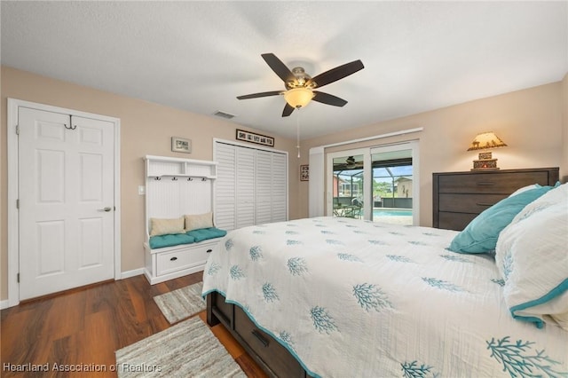 1904 Mulligan Rd, Sebring, FL 33872 - bedroom with access to exterior, wood finished floors, baseboards, and a ceiling fan