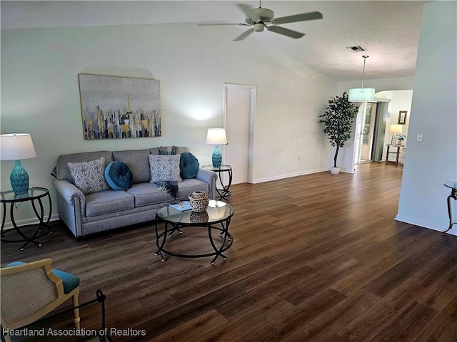 living room featuring vaulted ceiling, baseboards, visible vents, and dark wood-style flooring