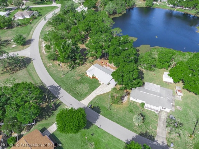 bird's eye view with a water view