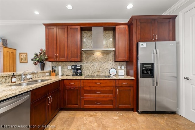 kitchen featuring sink, crown molding, light stone countertops, appliances with stainless steel finishes, and wall chimney exhaust hood