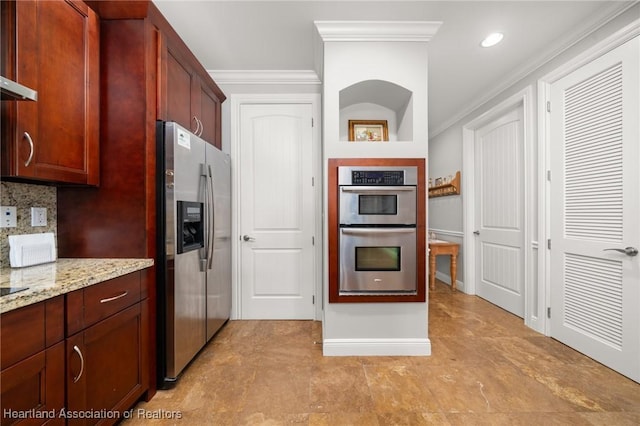 kitchen with extractor fan, appliances with stainless steel finishes, backsplash, crown molding, and light stone counters