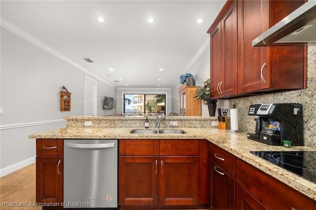 kitchen with decorative backsplash, sink, ventilation hood, kitchen peninsula, and stainless steel dishwasher