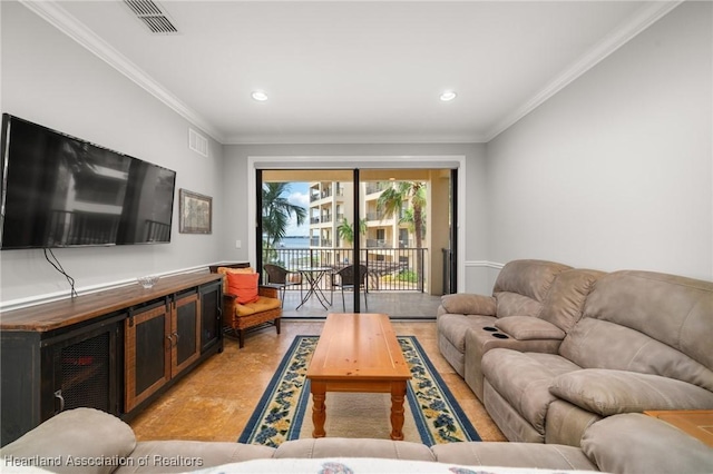 living room with ornamental molding