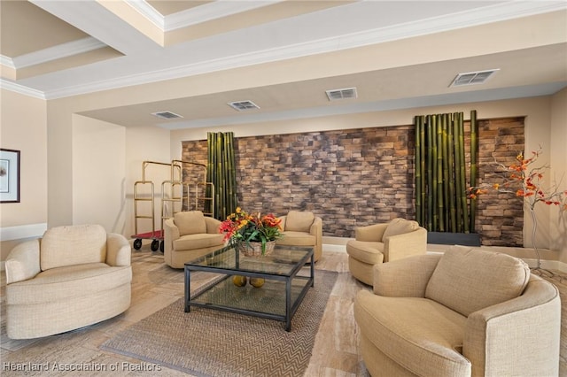 living room with crown molding and beamed ceiling