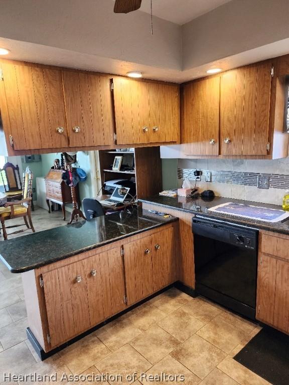 kitchen with dishwasher, ceiling fan, decorative backsplash, and kitchen peninsula