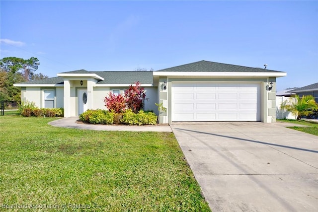 ranch-style house with a garage and a front lawn