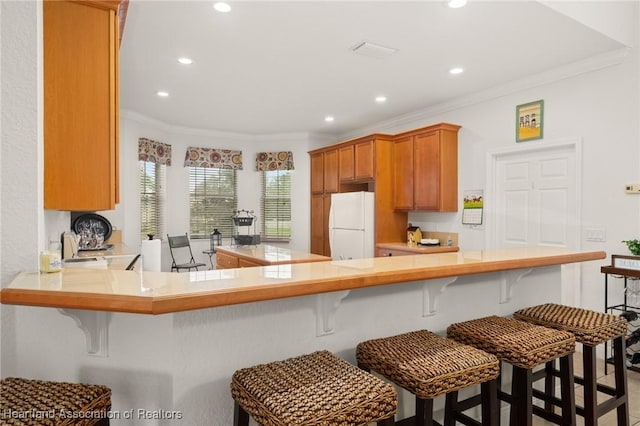 3038 Cedora Ter, Sebring, FL 33870 - kitchen featuring freestanding refrigerator, crown molding, recessed lighting, a breakfast bar, and light countertops