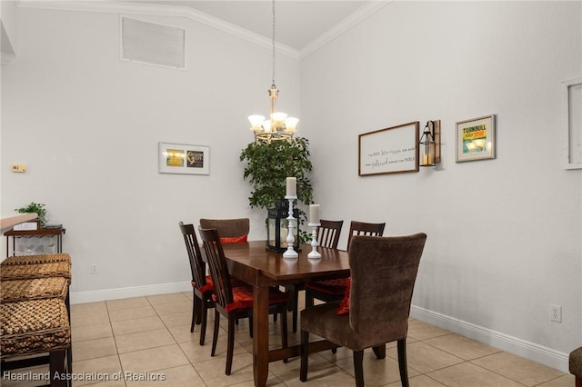 3038 Cedora Ter, Sebring, FL 33870 - dining area with light tile patterned floors, ornamental molding, a chandelier, and high vaulted ceiling