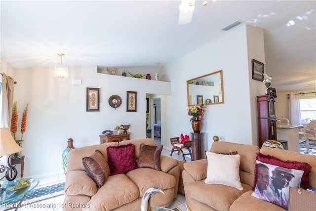 living room with lofted ceiling