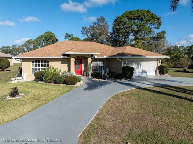 ranch-style home featuring a garage and a front yard