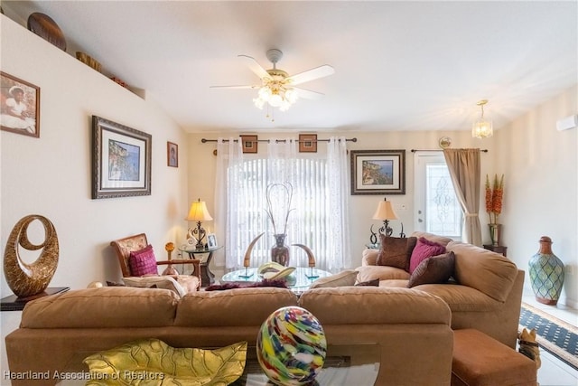 living room with ceiling fan