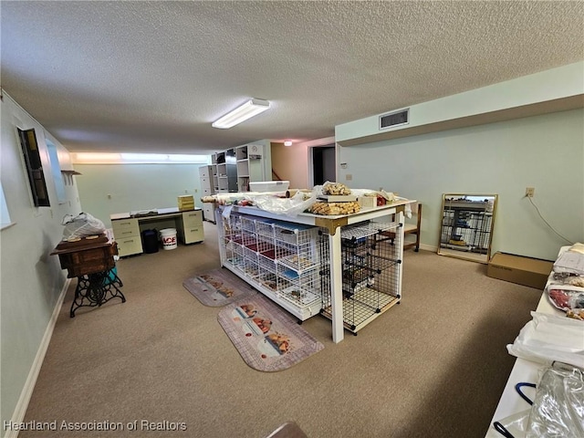 miscellaneous room with a textured ceiling, visible vents, carpet flooring, and baseboards