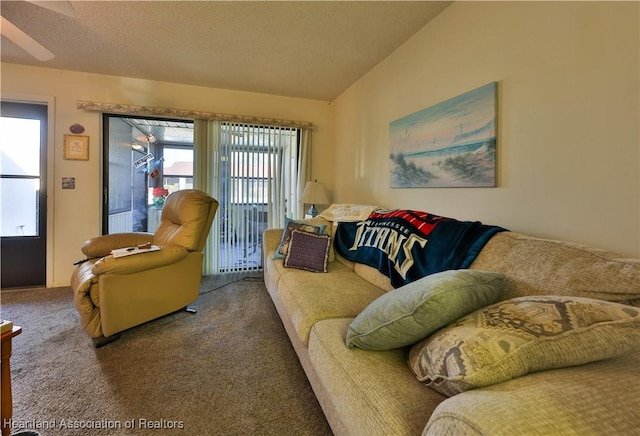 carpeted living room with vaulted ceiling and a textured ceiling