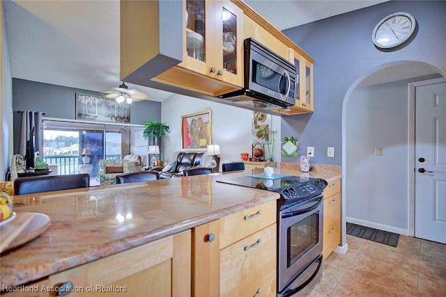 kitchen with ceiling fan, light brown cabinets, stainless steel appliances, and light tile patterned flooring